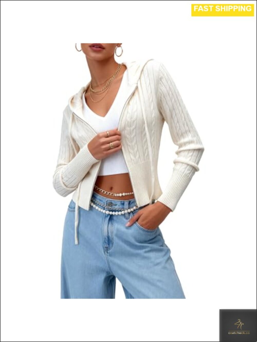 Zip Up Cable Knit Hoodie Sweater Cropped Cardigan Jacket